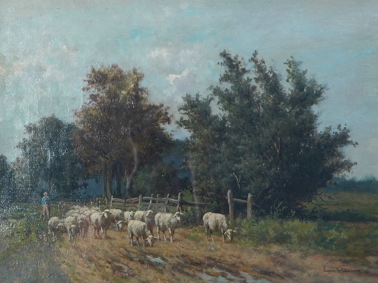 Eugene Verboeckhoven, Belgian 1799-1881, 'A Dutch Lane Scene, Figure and Sheep'